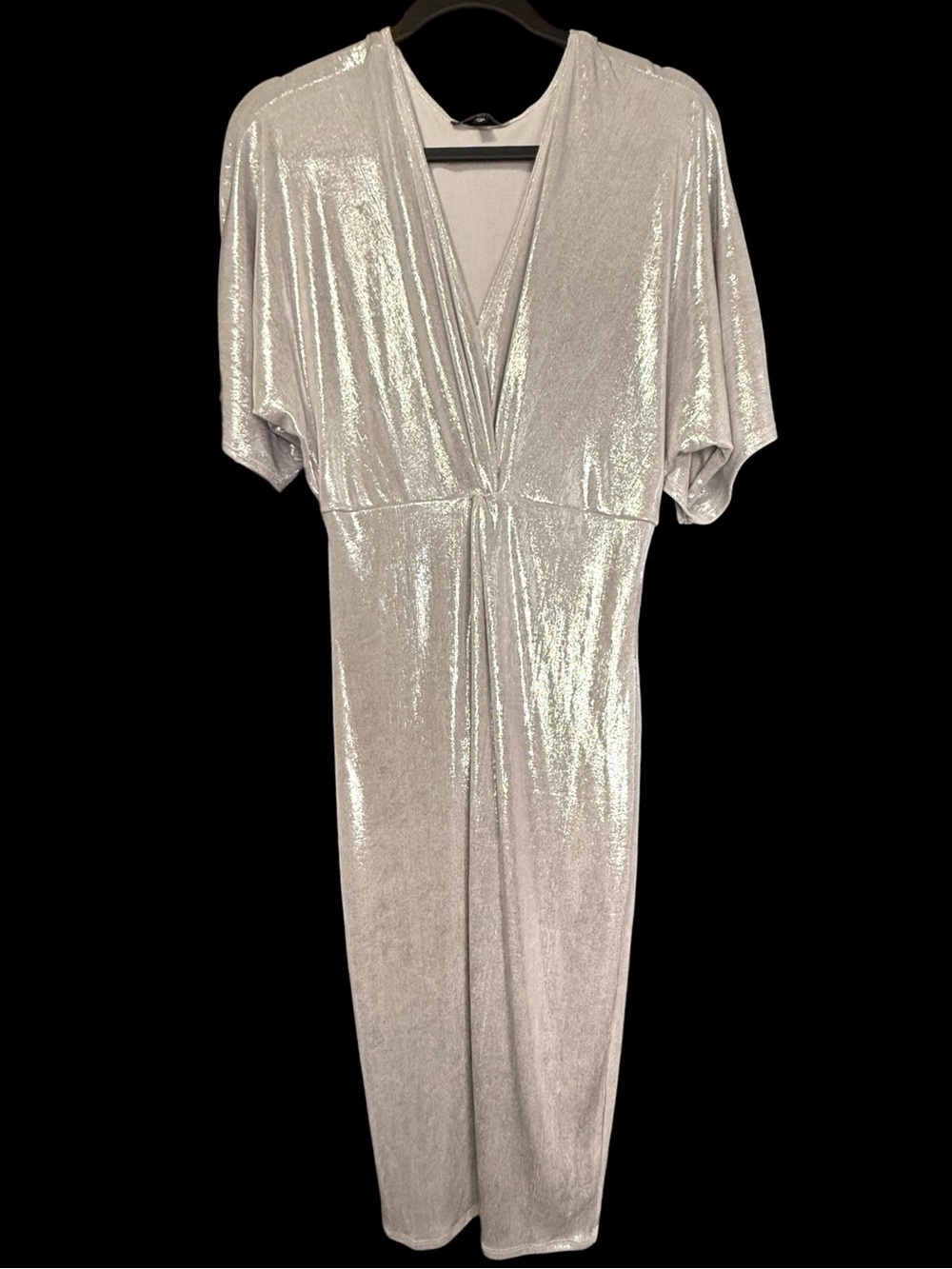 Marina Silver Metallic Short Sleeve Midi Dress Lightweight Stretchy NWT